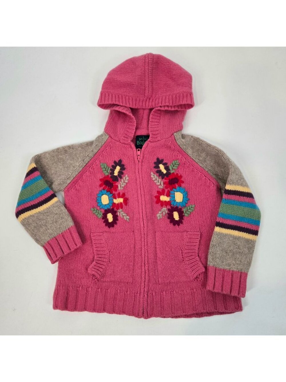 Mini Boden Zip Up Cardigan Sweater with Hood Embroidered Flowers Girls Size 5-6Y
